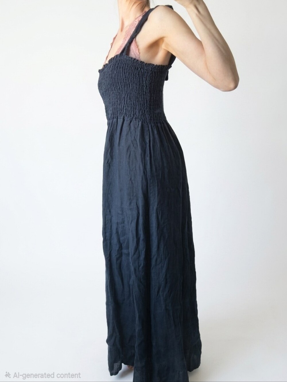 Frances Bertini Navy Blue Made in Italy 100% Linen Smocked Maxi Dress Sz M 🇮🇹 - Picture 4 of 14